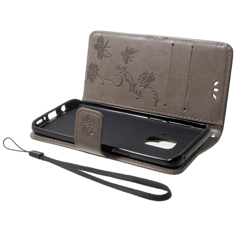 Imprint Butterfly Flowers Magnetic Wallet Leather Stand Case for Samsung Galaxy S9 G960 - Grey