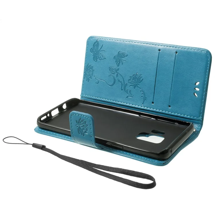 Empreinte Papillon Fleurs Portefeuille Magnétique Support en Cuir Couverture de Téléphone Portable Pour Samsung Galaxy S9 - Bleu