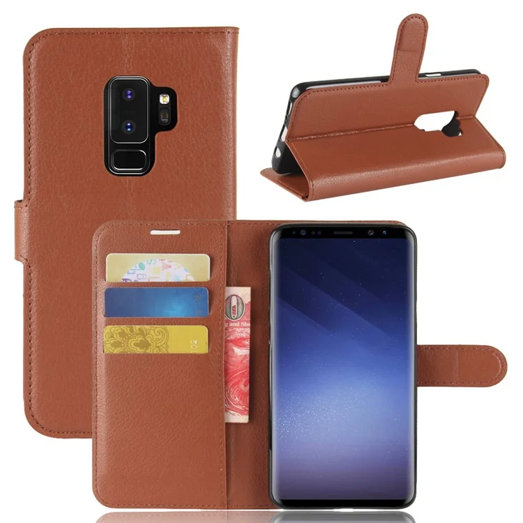 Litchi Skin Magnetic Leather Stand Cover for Samsung Galaxy S9+ G965 Wallet Design Phone Case - Brown