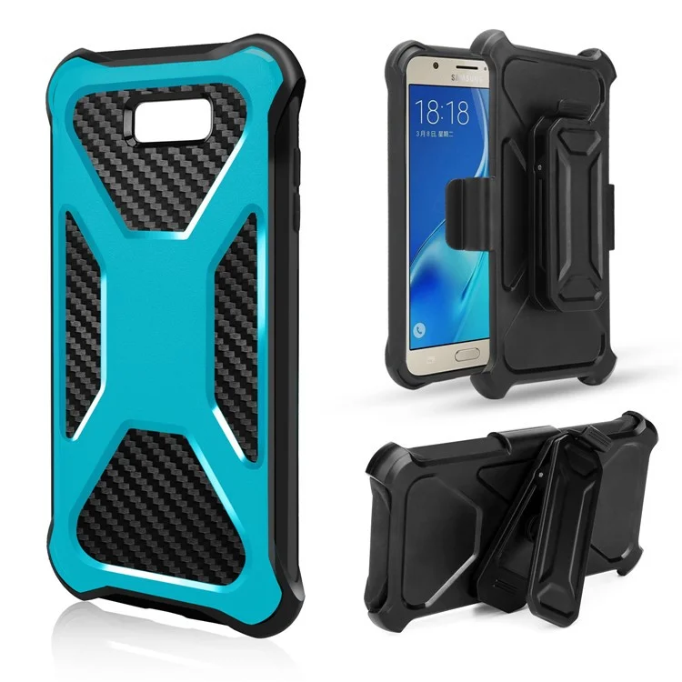 Carbon Fiber Texture PC + TPU Kickstand Belt Clip Hybrid Case for Samsung Galaxy J7 V/J7 Perx/J7 Sky Pro - Baby Blue