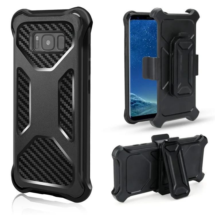 Carbon Fiber Texture PC + TPU Heavy Duty Belt Clip Kickstand Hybrid Mobile Casing for Samsung Galaxy S8 G950 - Black