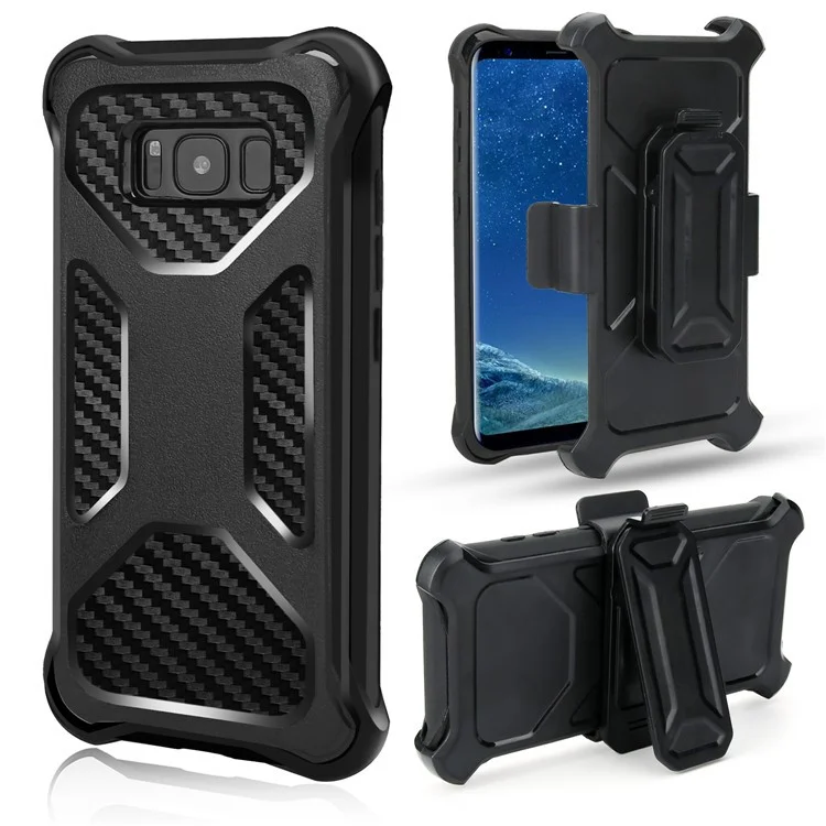 Carbon Fiber Texture PC + TPU Kickstand Belt Clip Mobile Case for Samsung Galaxy Note 8 N950 - Black