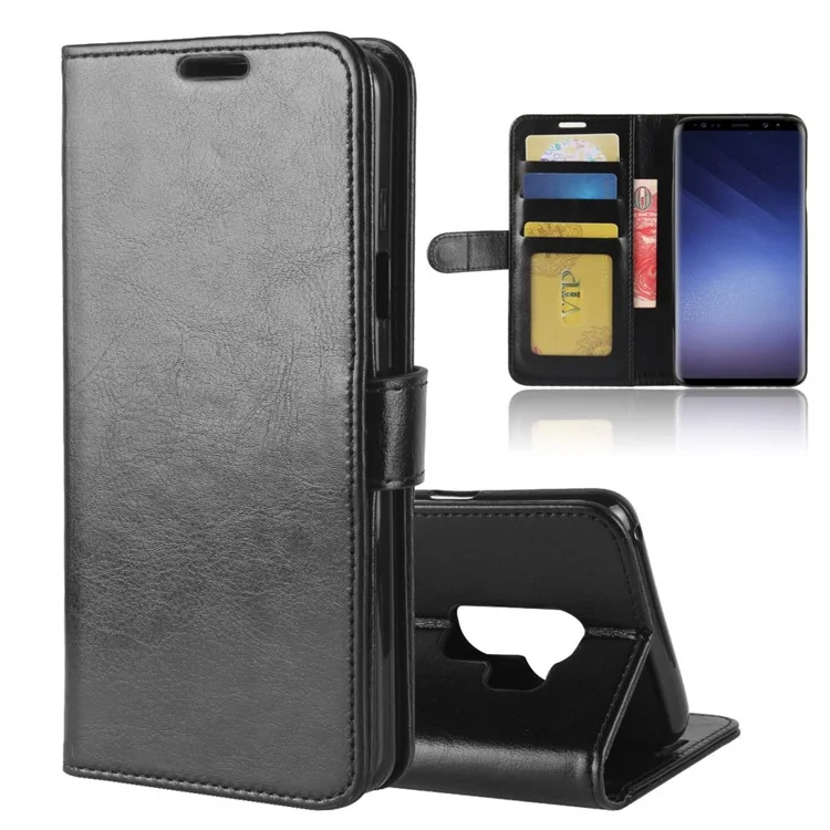 Crazy Horse Leder Brieftasche Hülle Für Samsung Galaxy S9+ G965 - Schwarz