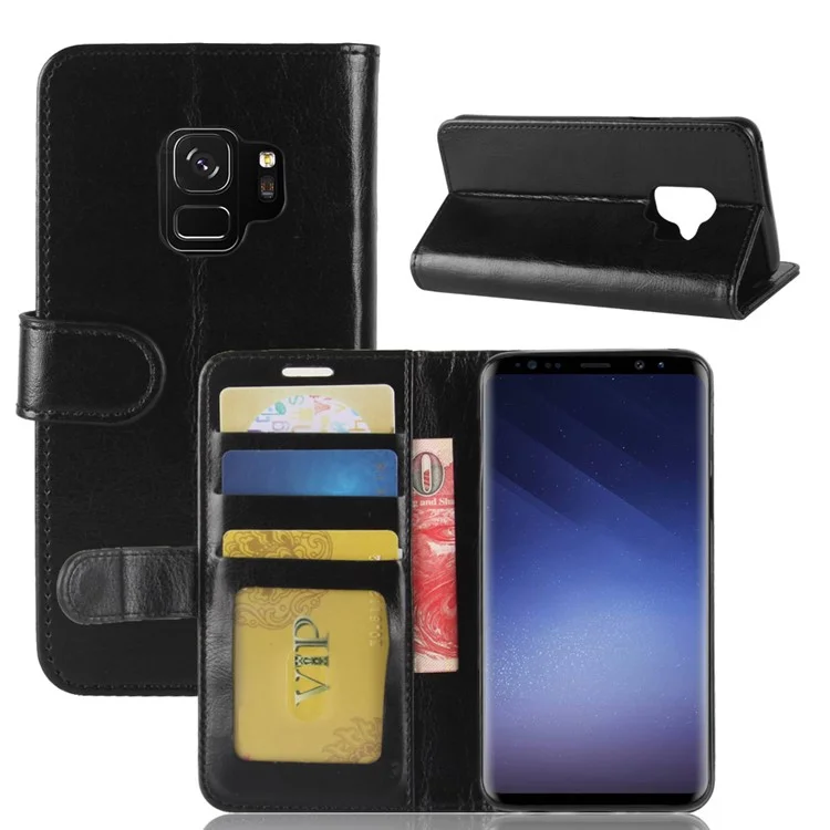 Crazy Horse Wallet Stand de Cuero Para Samsung Galaxy S9 G960 - Negro