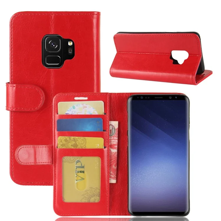 Crazy Horse Wallet Leather Cell Phone Case for Samsung Galaxy S9 G960 - Red