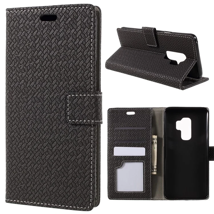 Woven Grain Leather Wallet Phone Case for Samsung Galaxy S9+ G965 - Black