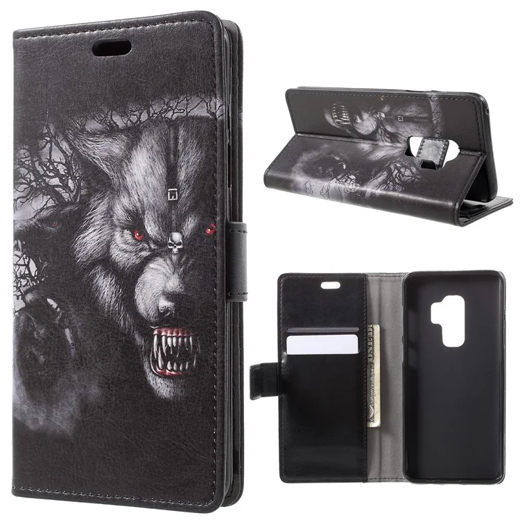 For Samsung Galaxy S9 Plus Patterned PU Leather Wallet Stand Cover - Grey Wolf