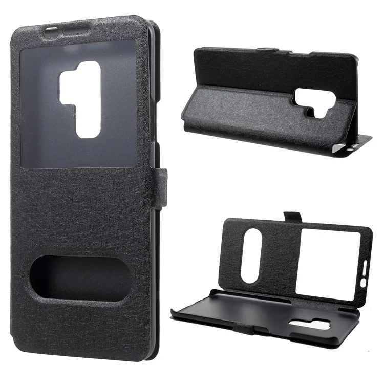Silk Texture Dual Window Leather Cell Phone Casing for Samsung Galaxy S9 Plus - Black