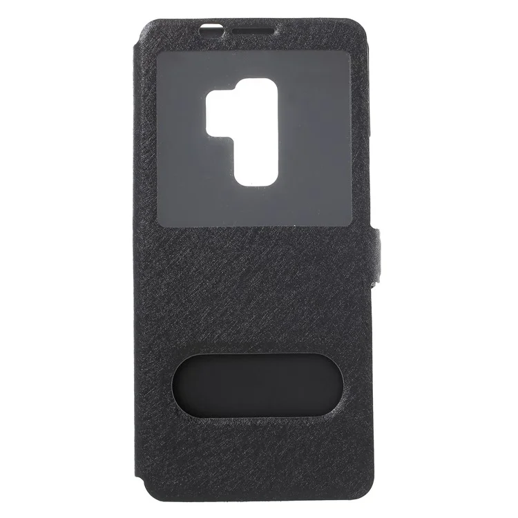 Silk Texture Dual Window Leather Cell Phone Casing for Samsung Galaxy S9 Plus - Black