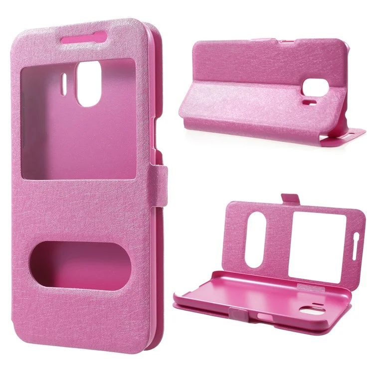Silk Texture Dual Window PU Leather Case with Stand for Samsung Galaxy J2 Pro 2018 - Rose