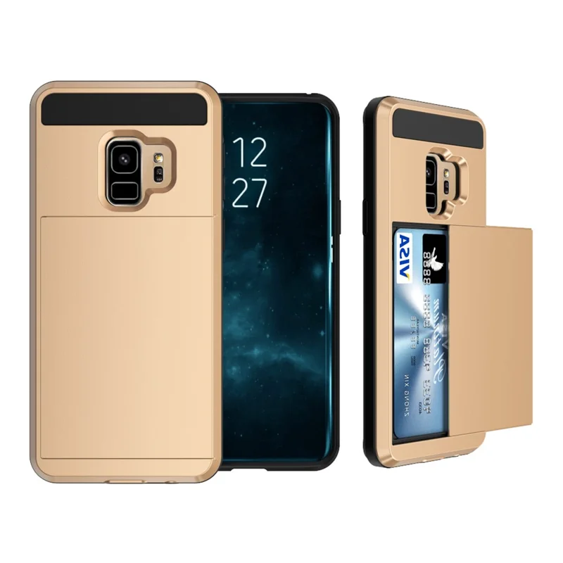 Sliding Card Holder PC + TPU Hybrid Shell for Samsung Galaxy S9 - Gold