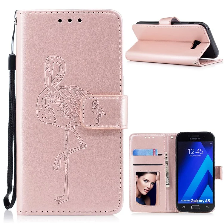 Imprinted Flamingo Pattern Leather Magnetic Case with Strap for Samsung Galaxy A5 (2017) SM-A520 - Rose Gold