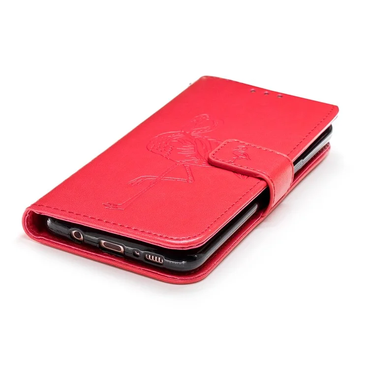Imprinted Flamingo Wallet Leather Stand Cover with Lanyard for Samsung Galaxy S8+ G955 - Red