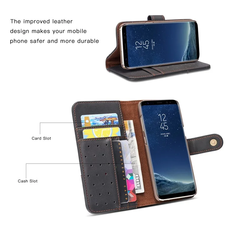Retro Style Split Leather Wallet Stand Phone Case for Samsung Galaxy S8 Plus SM-G955 - Black