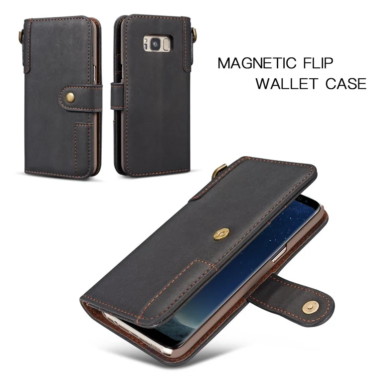 Retro Style Split Leather Wallet Stand Phone Case for Samsung Galaxy S8 Plus SM-G955 - Black
