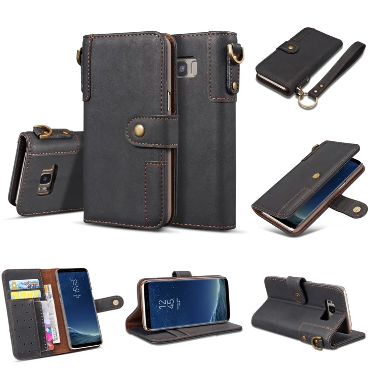 Retro Style Split Leather Wallet Stand Phone Case for Samsung Galaxy S8 Plus SM-G955 - Black