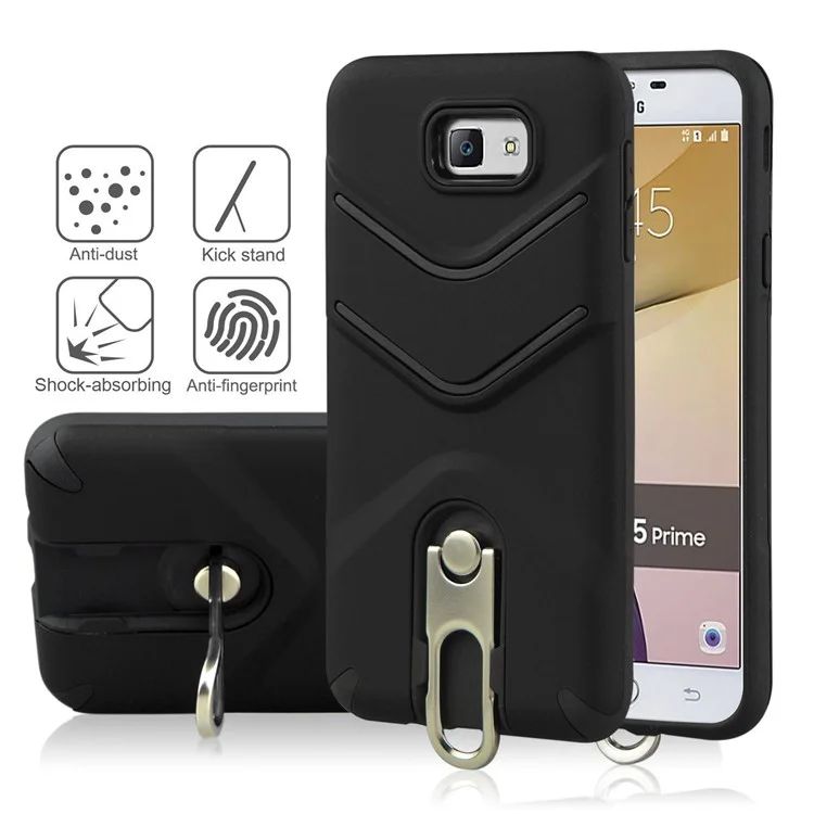 ANGIBABE Slim TPU Matte PC Hybrid Case with Metal Kickstand for Samsung Galaxy J5 Prime - Black