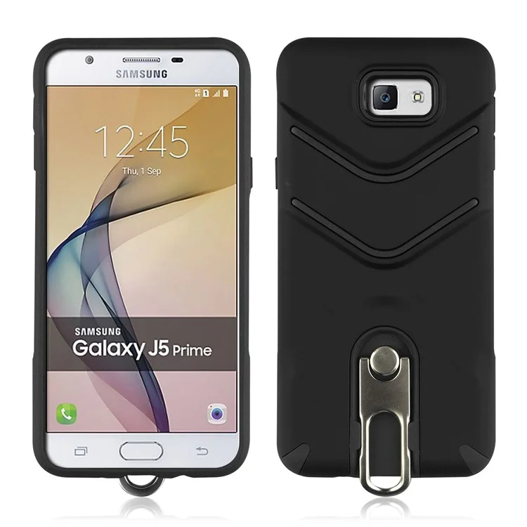 ANGIBABE Slim TPU Matte PC Hybrid Case with Metal Kickstand for Samsung Galaxy J5 Prime - Black