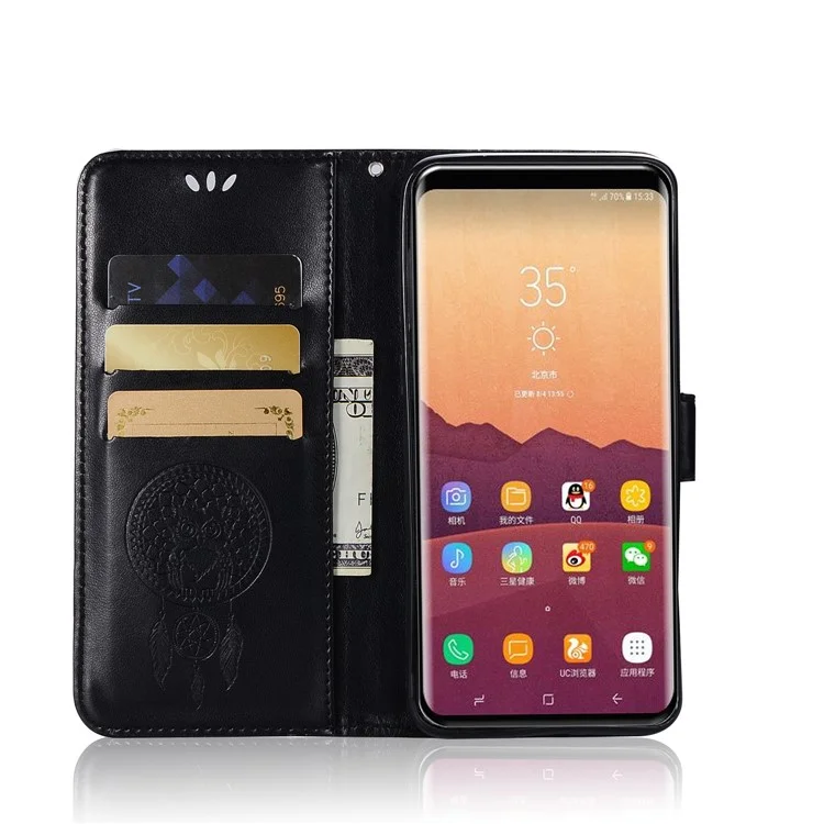 Imprint Dream Catcher Owl Magnetic Wallet PU Leather Stand Cover for Samsung Galaxy S9+ G965 - Black