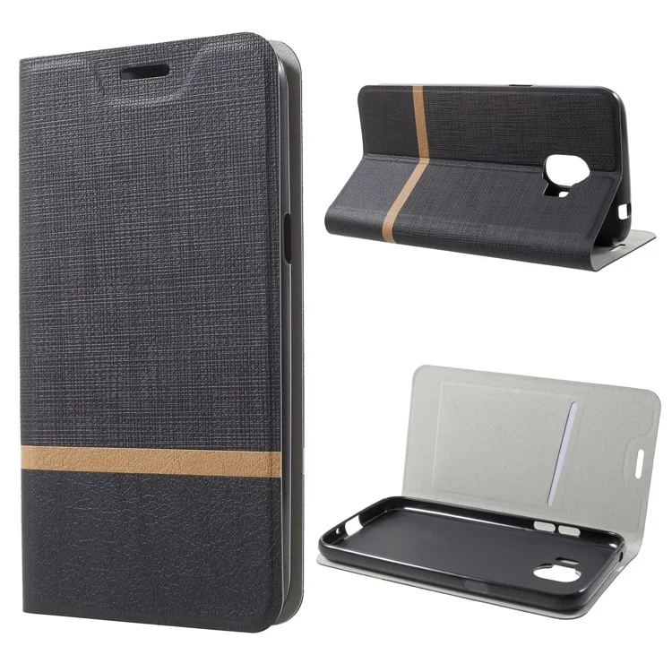 Bi-color Cross Texture Leather Card Holder Flip Stand Phone Case for Samsung Galaxy J2 Pro 2018 Built-in Steel Sheet - Black