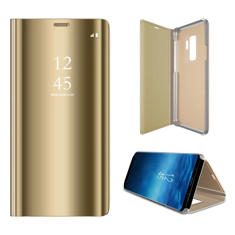 For Samsung Galaxy S9+ G965 Plated Mirror Surface Information View Stand Leather Smart Shell Case - Gold