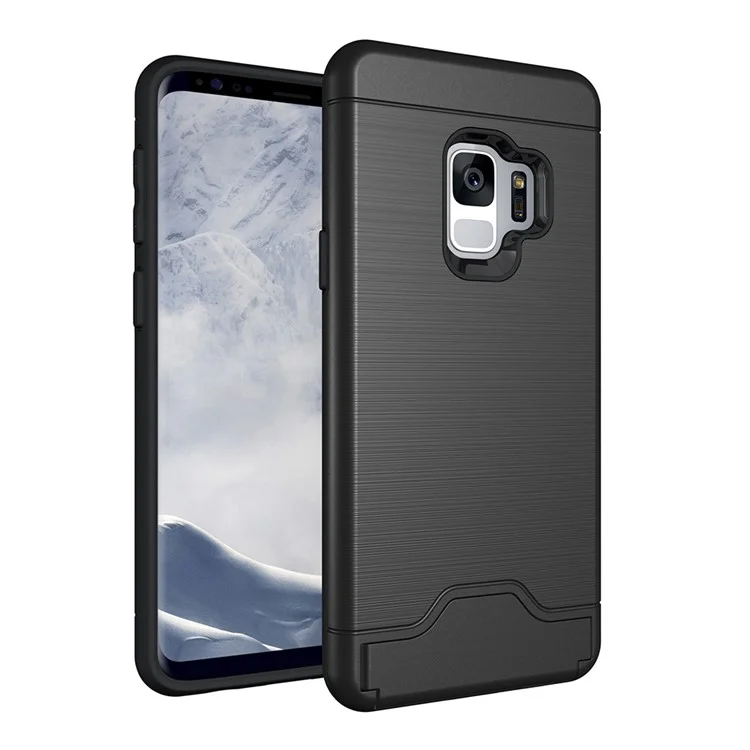 Brushed PC + TPU Hybrid Kickstand Case with Card Slot for Samsung Galaxy S9 G960 - Black