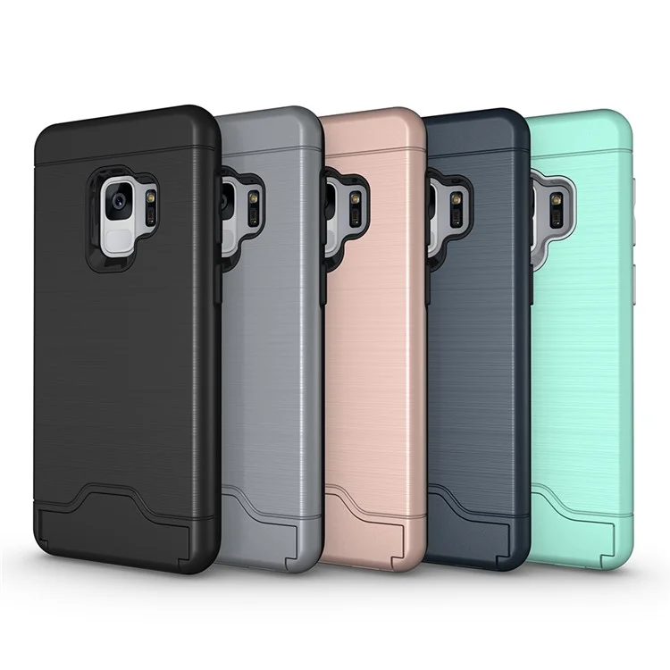 For Samsung Galaxy S9+ G965 Brushed PC TPU Hybrid Kickstand Card Holder Case - Black