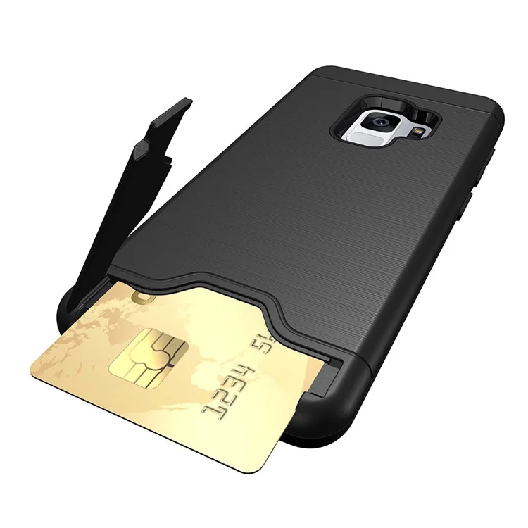 For Samsung Galaxy S9+ G965 Brushed PC TPU Hybrid Kickstand Card Holder Case - Black