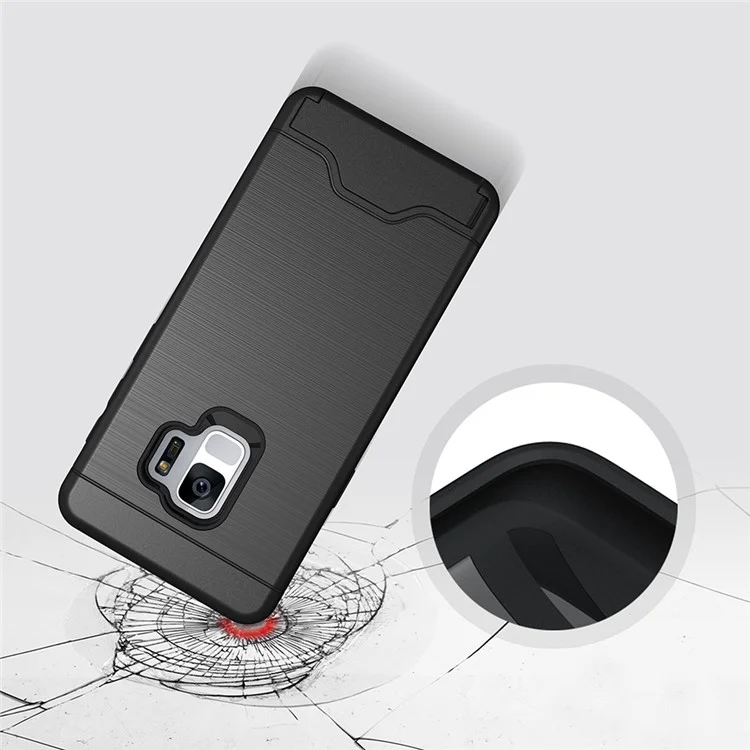 For Samsung Galaxy S9+ G965 Brushed PC TPU Hybrid Kickstand Card Holder Case - Black