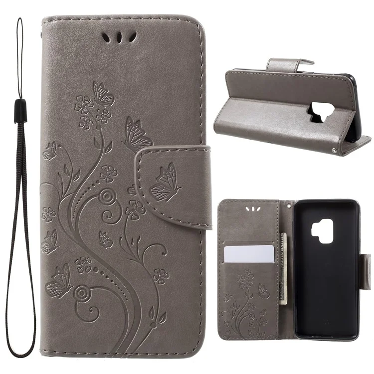 For Samsung Galaxy S9 G960 Imprint Butterfly and Flower Flip Leather Wallet Case - Grey