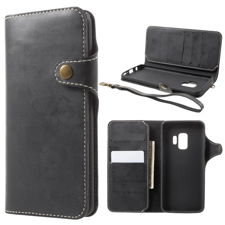 Button Closure PU Leather Wallet Folio Case with Lanyard for Samsung Galaxy S9 - Black