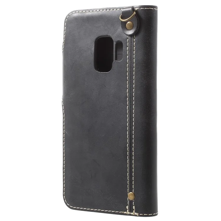 Button Closure PU Leather Wallet Folio Case with Lanyard for Samsung Galaxy S9 - Black