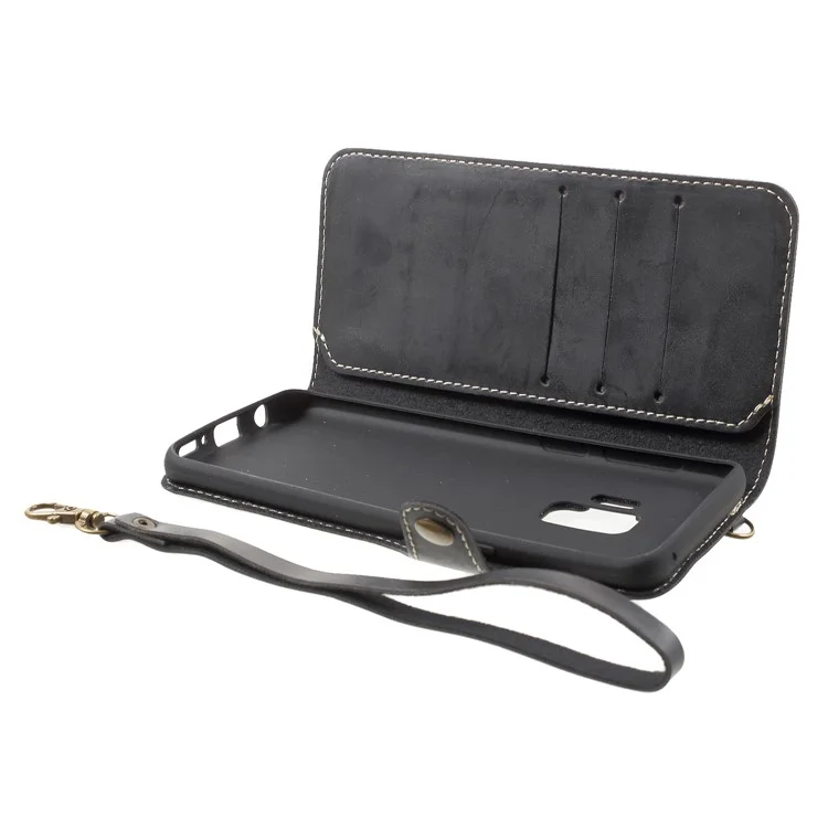 Button Closure PU Leather Wallet Folio Case with Lanyard for Samsung Galaxy S9 - Black