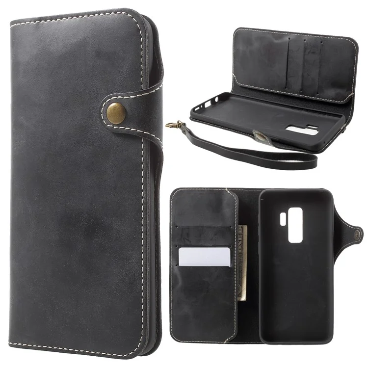 Button Closure PU Leather Wallet Folio Case with Lanyard for Samsung Galaxy S9+ G965 - Black
