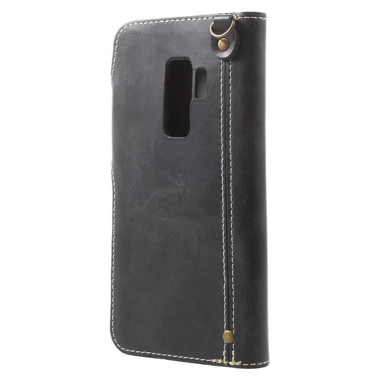 Button Closure PU Leather Wallet Folio Case with Lanyard for Samsung Galaxy S9+ G965 - Black