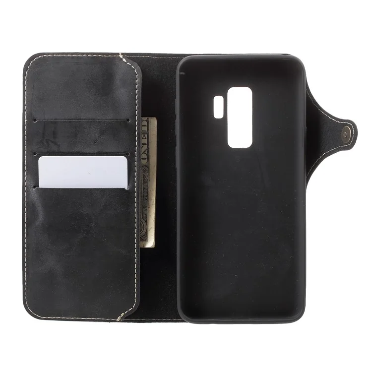 Button Closure PU Leather Wallet Folio Case with Lanyard for Samsung Galaxy S9+ G965 - Black