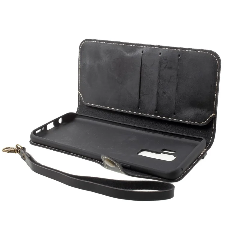 Button Closure PU Leather Wallet Folio Case with Lanyard for Samsung Galaxy S9+ G965 - Black