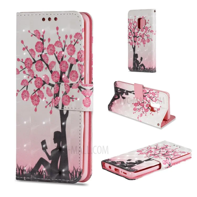 Patterned PU Leather Wallet Stand Casing for Samsung Galaxy S9 G960 - Pretty Flower Tree