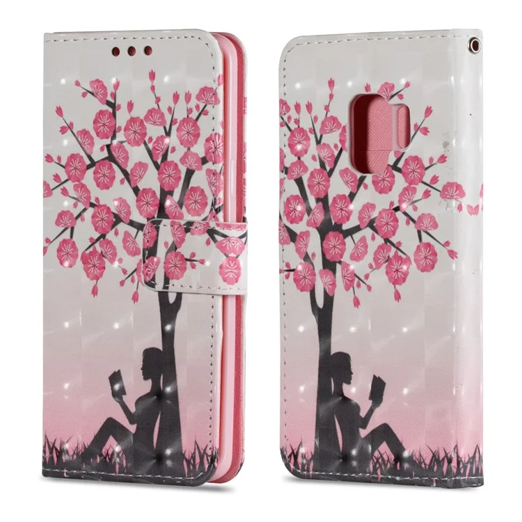 Patterned PU Leather Wallet Stand Casing for Samsung Galaxy S9 G960 - Pretty Flower Tree