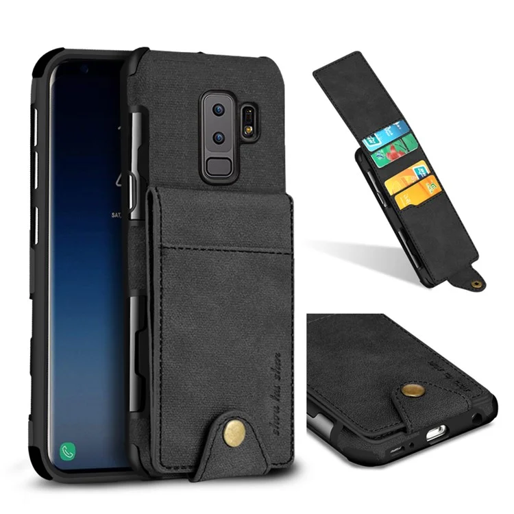 Vertical Flip PU Leather Coated Card Holder PC TPU Hybrid Phone Case for Samsung Galaxy S9 Plus - Black