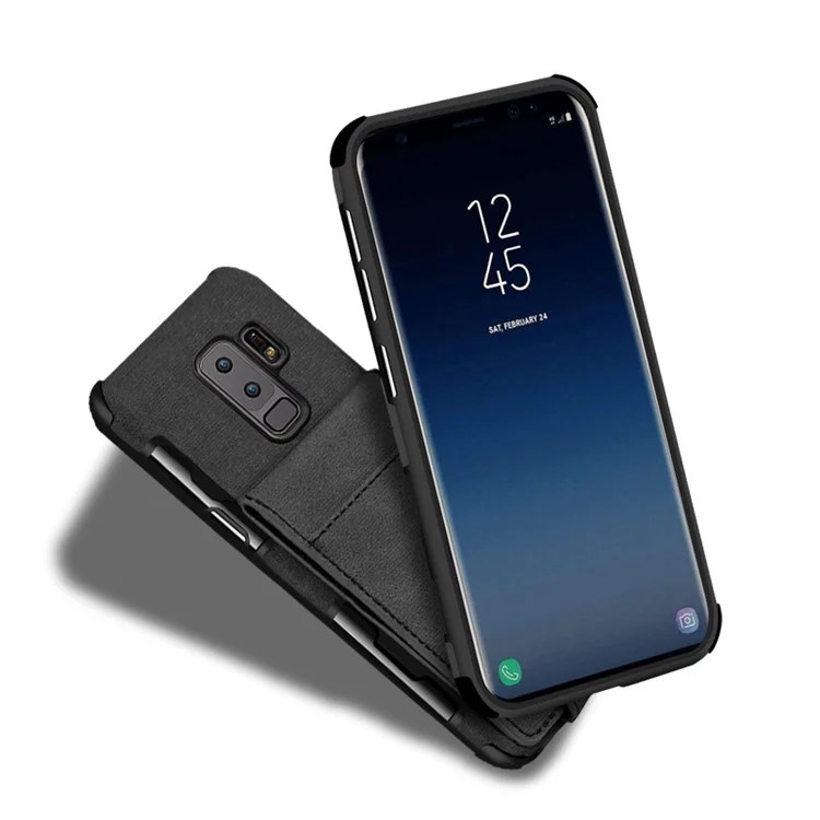Vertical Flip PU Leather Coated Card Holder PC TPU Hybrid Phone Case for Samsung Galaxy S9 Plus - Black