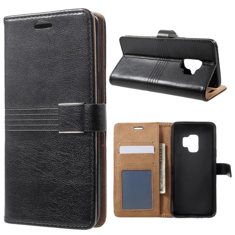 Metal Buckle Leather Stand Wallet Case for Samsung Galaxy S9 G960 - Black