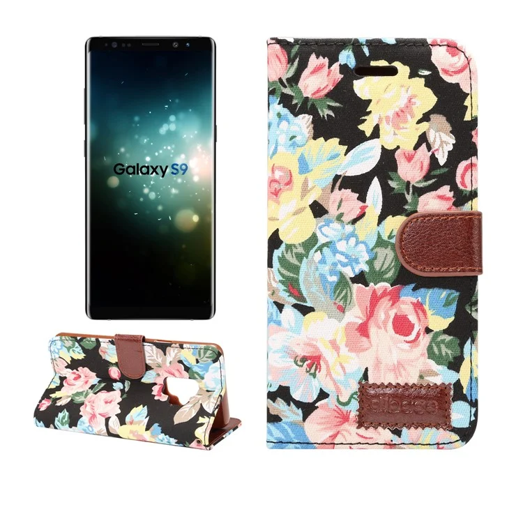Flowers Pattern Cloth Skin Leather Stand Case with Card Slots for Samsung Galaxy S9 G960 - Black