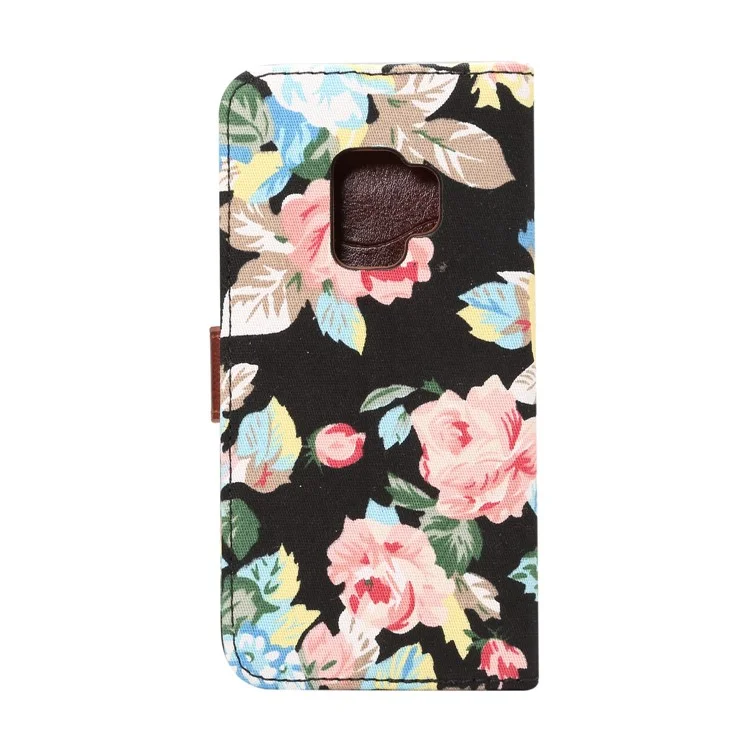 Flowers Pattern Cloth Skin Leather Stand Case with Card Slots for Samsung Galaxy S9 G960 - Black