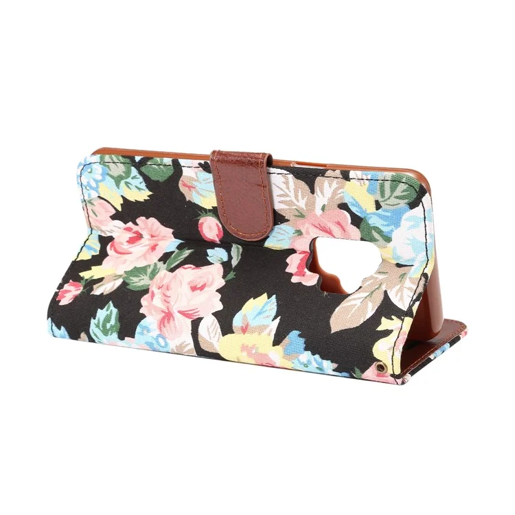 Flowers Pattern Cloth Skin Leather Stand Case with Card Slots for Samsung Galaxy S9 G960 - Black
