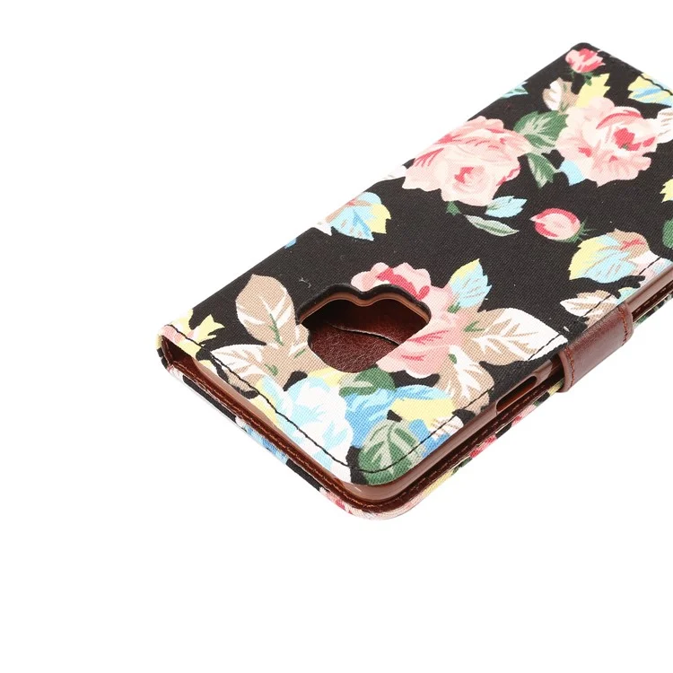 Flowers Pattern Cloth Skin Leather Stand Case with Card Slots for Samsung Galaxy S9 G960 - Black