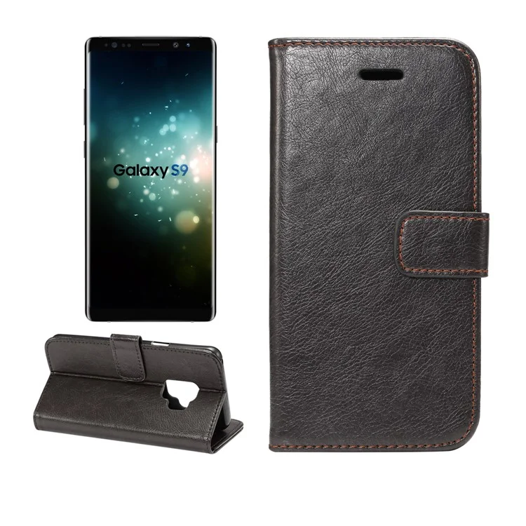 Crazy Horse Flip Leather Wallet Cell Phone Cover for Samsung Galaxy S9 G960 - Black