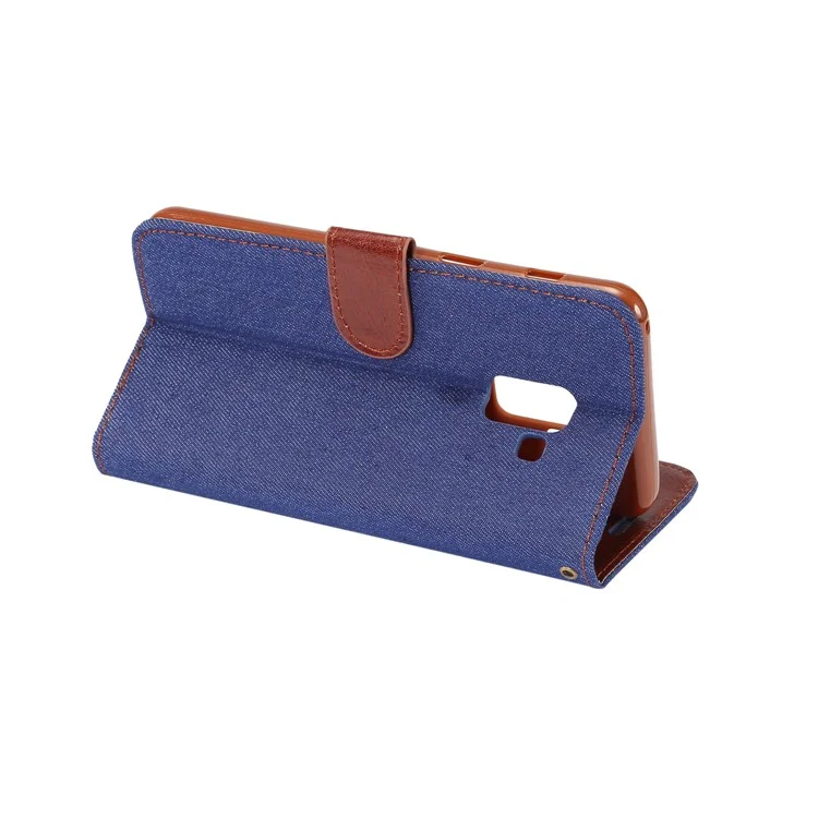 Jeans Cloth Texture Card Slots Stand Leather Flip Case for Samsung Galaxy A8+ (2018) - Dark Blue