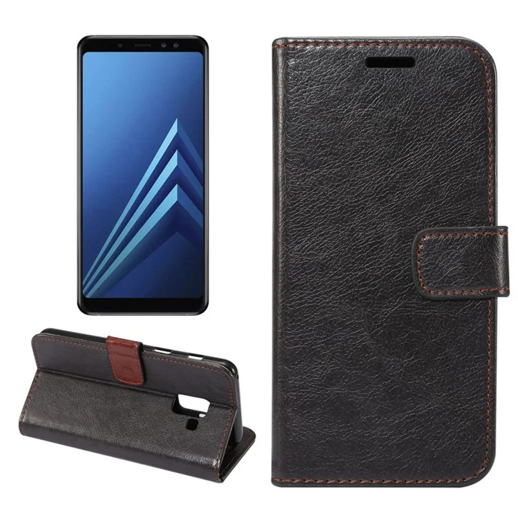 Crazy Horse Texture Leather Wallet Stand Cover for Samsung Galaxy A8+ (2018) - Black