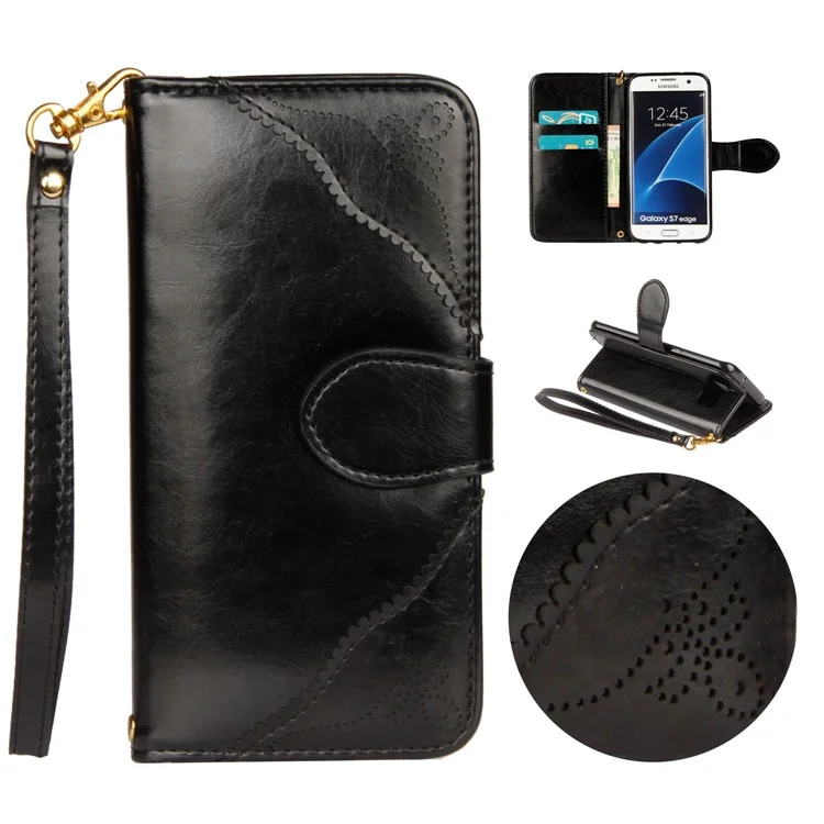 Laser Carving Retro PU Leather Wallet Stand Case for Samsung Galaxy S7 edge SM-G935 - Black